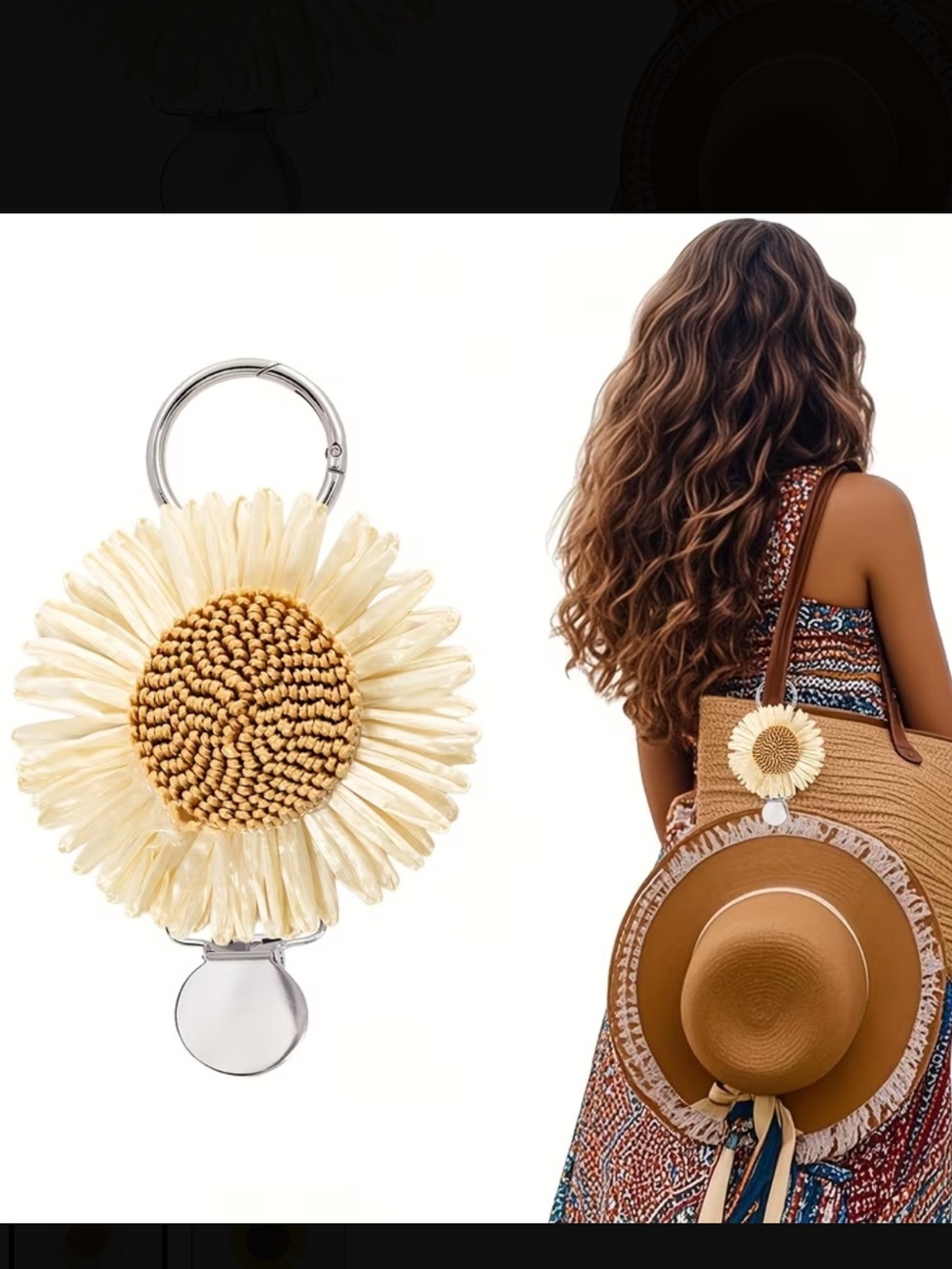 Straw Daisy Hat Clip Bag Charm Keychain - Cream & Tan